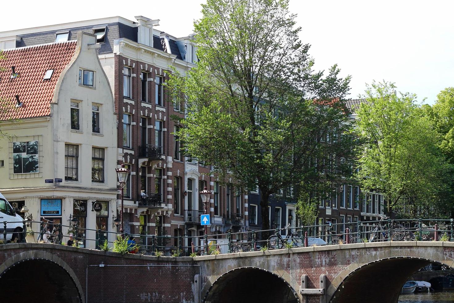 Amsterdam canal bridge and historic houses